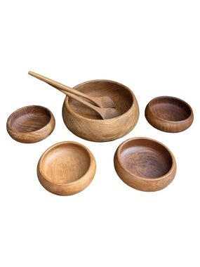 Vintage Solid Teak Salad Bowl Set Hand Carved | MCM Midcentury Modern | 7 Pieces